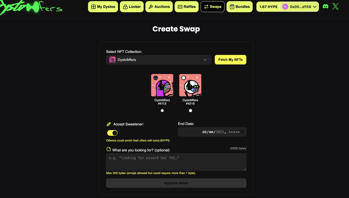 xsficherax's tweet image. Hi DystoMfers! Just wanted to announce Swaps are live!!
This version "only" allows to swap fully on-chain 1:1 assets within the same collection and some "cherry on top" (hype)...
I'll now be working to integrate "Bundles" to support P2P swaps "anything":"anything"...
Fees are…