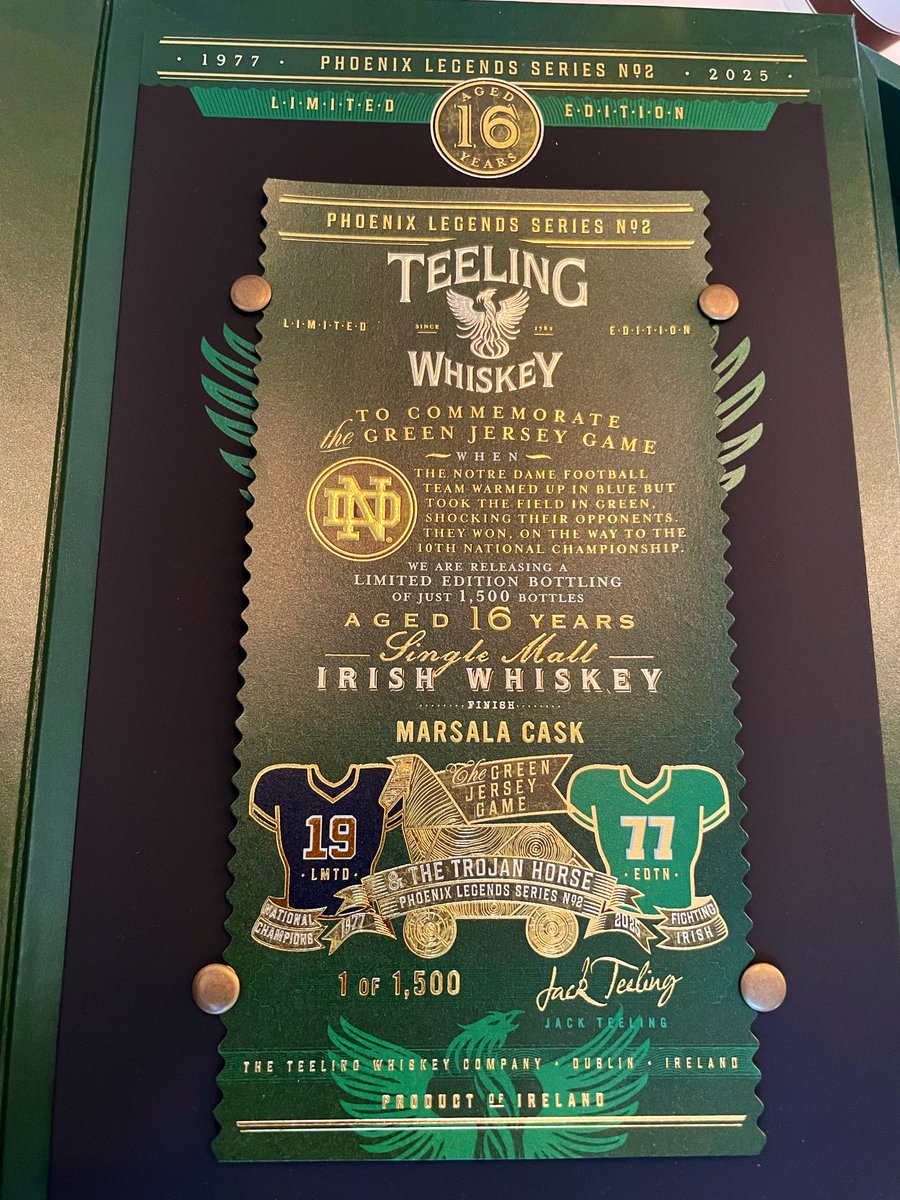 Sampled the delicious fruity limited edition <a href="/TeelingWhiskey/">Teeling Whiskey</a> x <a href="/NDFootball/">Notre Dame Football</a> Phoenix Legends Series No.2 16 year old Marsala Cask Finish today. There’s only 1,500 bottles and the USC x Notre Dame takes place this Saturday.