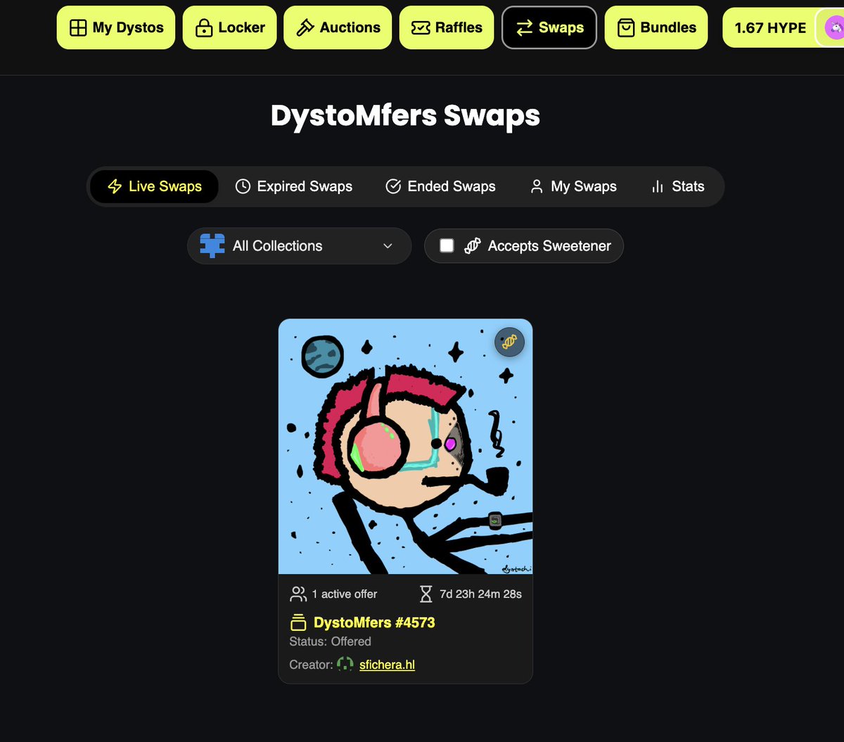 xsficherax's tweet image. Hi DystoMfers! Just wanted to announce Swaps are live!!
This version "only" allows to swap fully on-chain 1:1 assets within the same collection and some "cherry on top" (hype)...
I'll now be working to integrate "Bundles" to support P2P swaps "anything":"anything"...
Fees are…
