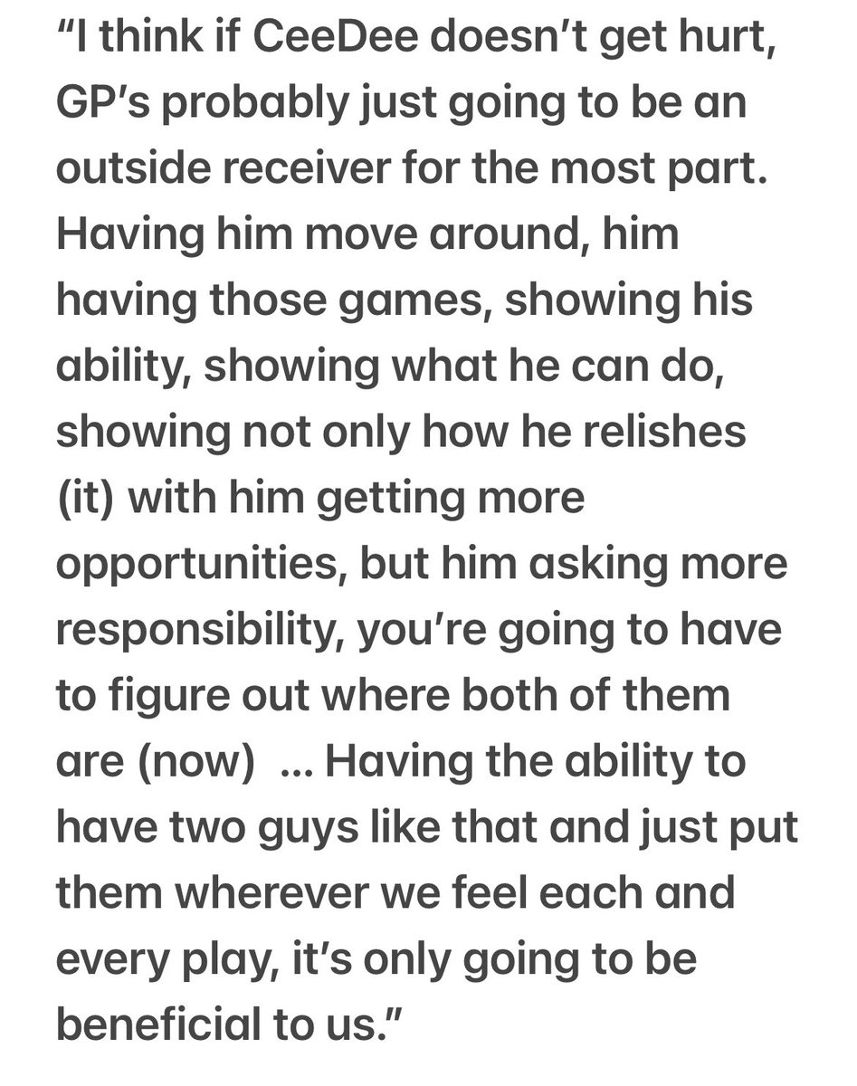 Dak Prescott said he’s not had 2 WRs with the ability to move around like CeeDee Lamb AND George Pickens. Believes that will put defenses in a bind. 