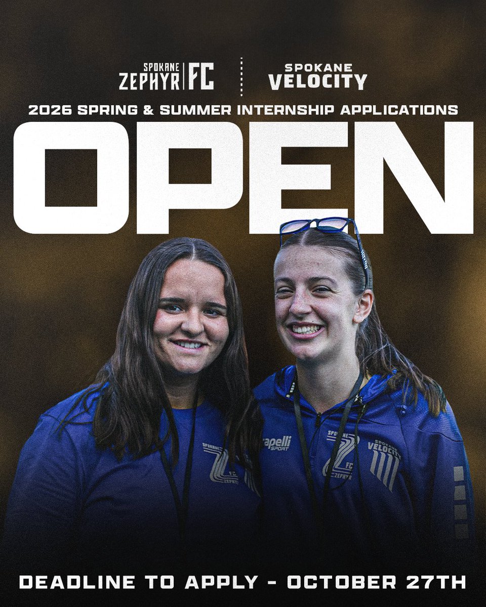 📣 2026 𝙎𝙥𝙧𝙞𝙣𝙜/𝙎𝙪𝙢𝙢𝙚𝙧 𝙄𝙣𝙩𝙚𝙧𝙣𝙨𝙝𝙞𝙥𝙨 𝙖𝙧𝙚 𝙣𝙤𝙬 𝙤𝙥𝙚𝙣!

𝘼𝙥𝙥𝙡𝙞𝙘𝙖𝙩𝙞𝙤𝙣 𝘿𝙚𝙖𝙙𝙡𝙞𝙣𝙚: October 27th 📆 Apply now at the 🔗 in our bio! 

#SpokaneZephyrFC #SpokaneVelocityFC #Internship