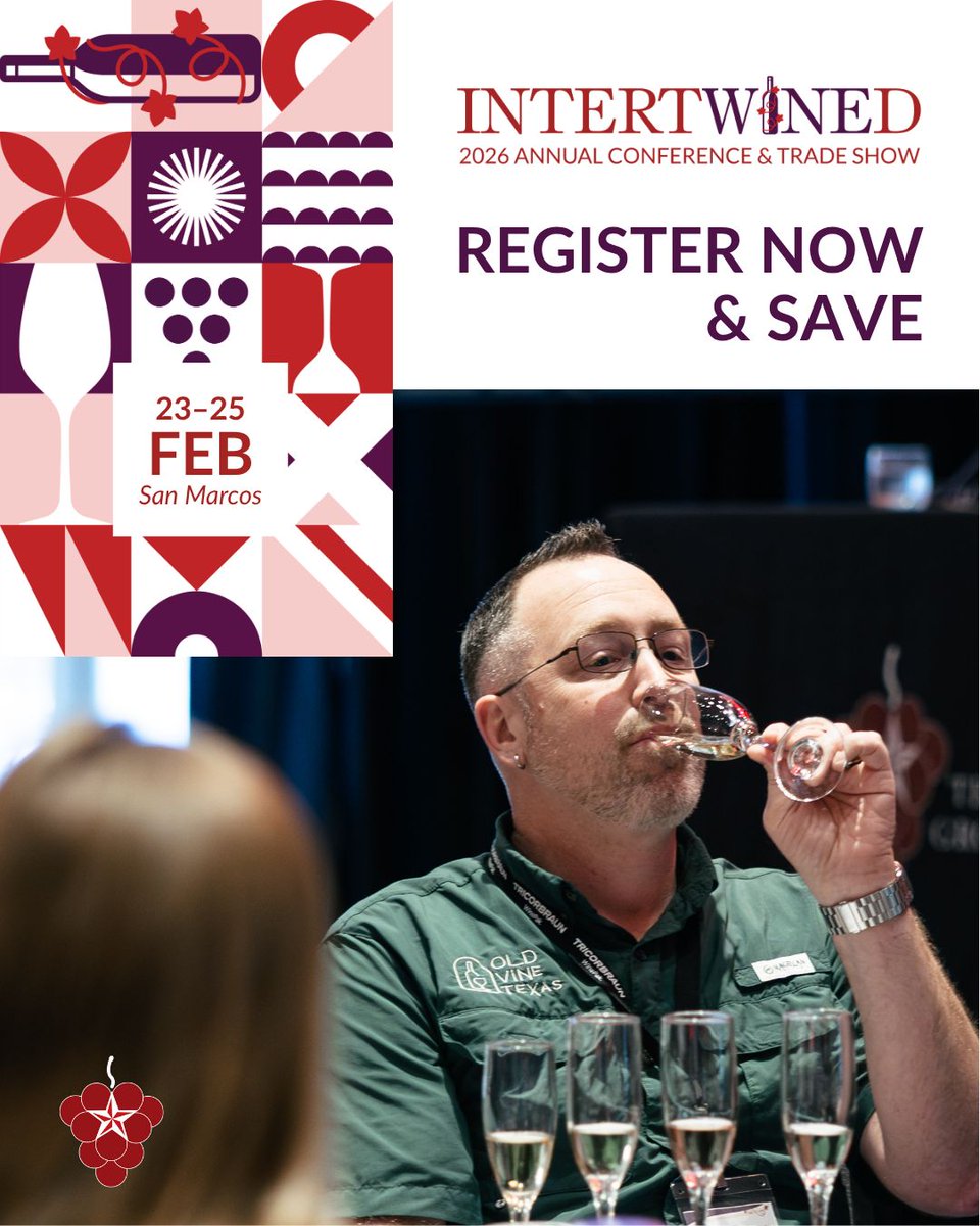 From vineyard to glass, every part of the Texas wine industry comes together at IntertWINEd 2026, February 23–25 in San Marcos. Be part of the conversations, insights, and connections shaping the future of Texas wine. Reserve your spot today. buff.ly/pPb4zdY