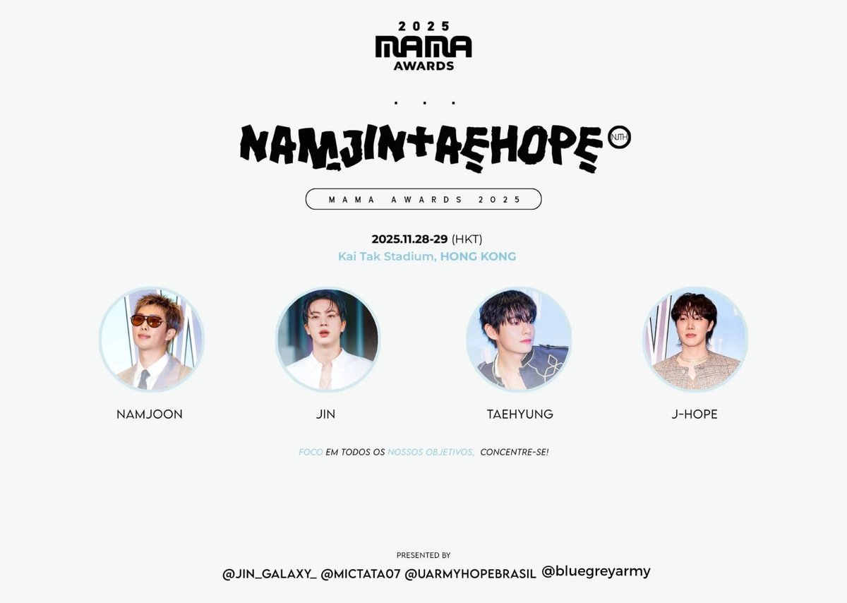 📣 Sejam bem-vindos ao Projeto NAMJINTAEHOPE MAMA 2025!

O projeto tem como objetivo aumentar os streams de Namjoon, Jin, J-Hope e Taehyung, além de conquistar a vitória no MAMA 2025 nas categorias em que estão concorrendo.

📢 Importante lembrar:

Apenas Jin e J-Hope estão com a