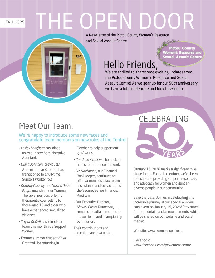 PCWomensCentre's tweet image. 🌸 Fall 2025 is here! 🌸

We’ve got so much to celebrate, from welcoming new team members and announcing exciting upcoming programs, to gearing up for our 50th Anniversary in January 2026! 💜

#PCWRSAC #TheOpenDoor #FallNewsletter #CommunitySupport #Empowerment