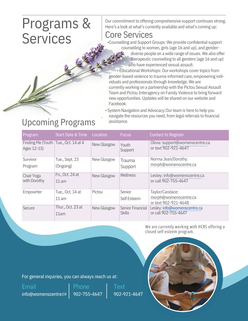 PCWomensCentre's tweet image. 🌸 Fall 2025 is here! 🌸

We’ve got so much to celebrate, from welcoming new team members and announcing exciting upcoming programs, to gearing up for our 50th Anniversary in January 2026! 💜

#PCWRSAC #TheOpenDoor #FallNewsletter #CommunitySupport #Empowerment