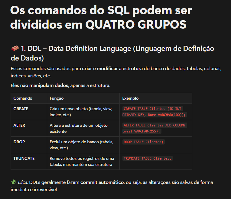codedreams_'s tweet image. 🟡 Da séria série &quot;SQL&quot; - OS 4 GRUPOS DE COMANDO

No SQL, os comandos são organizados em 4 grupos principais, cada um com um propósito essencial dentro do banco de dados.

Entender essa divisão é o primeiro passo pra dominar consultas e manipulação de dados.

Link do Notion:…