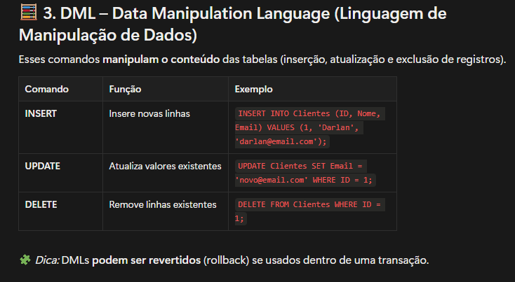 codedreams_'s tweet image. 🟡 Da séria série &quot;SQL&quot; - OS 4 GRUPOS DE COMANDO

No SQL, os comandos são organizados em 4 grupos principais, cada um com um propósito essencial dentro do banco de dados.

Entender essa divisão é o primeiro passo pra dominar consultas e manipulação de dados.

Link do Notion:…