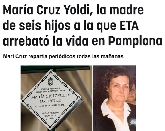 #TalDiaComoHoy de 1987 ETA asesinó en Pamplona a Mari Cruz. Tenía 63 años, una familia numerosa y para mantenerla trabajaba como repartidora de diarios.

El secretario de Batasuna, ahora Bildu, en el Ayuntamiento de Pamplona fue condenado por su asesinato.

Esos hombres de paz.