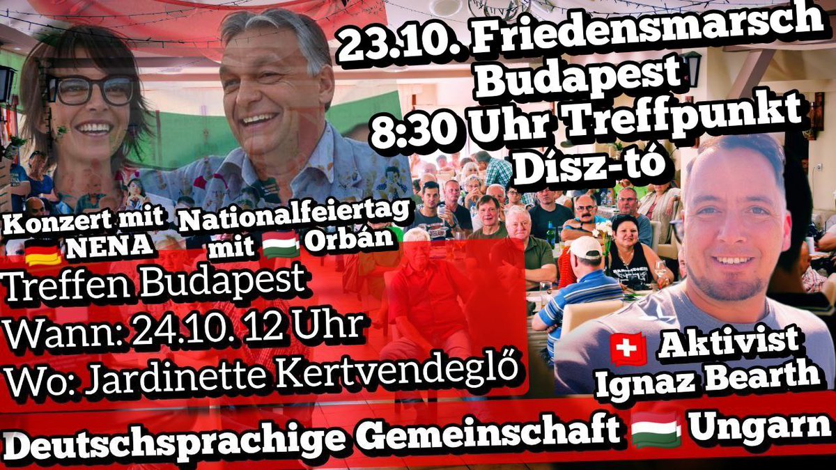 IgnazBearth's tweet image. Deutschsprachige Gemeinschaft 🇭🇺 Ungarn - Treffen Budapest

Dienstag, 21. Oktober 19:15 Uhr
Nena Konzert! 
Kartenvorverkauf:
funcode.hu/en/event/1886-…
Wo: Barba Negra
maps.app.goo.gl/XMCeSaBqoZCLQa…

Mittwoch, 22. Oktober 11 Uhr
Fahrt Kindereisenbahn Hűvösvölgy - Normafa…