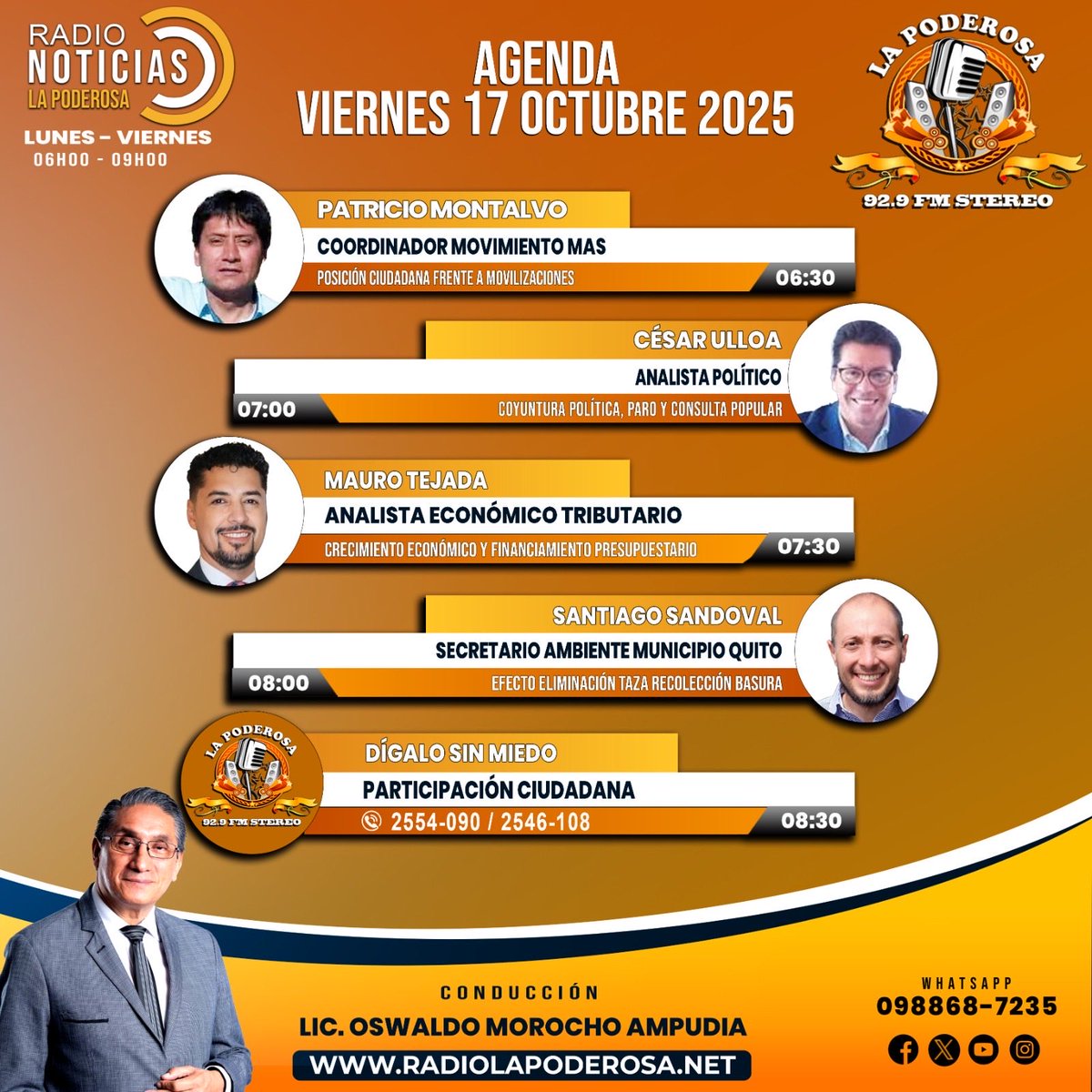 Agenda del Día
📅 Viernes 17 de Octubre 2025
📻 92.9 FM ¡Sintonízanos en vivo!
🎥 Facebook Live
#RadioNoticias | #Noticiero | #Entrevistas 
<a href="/GaloWEnriquez1/">Galo W. Enriquez E.Mag.</a>