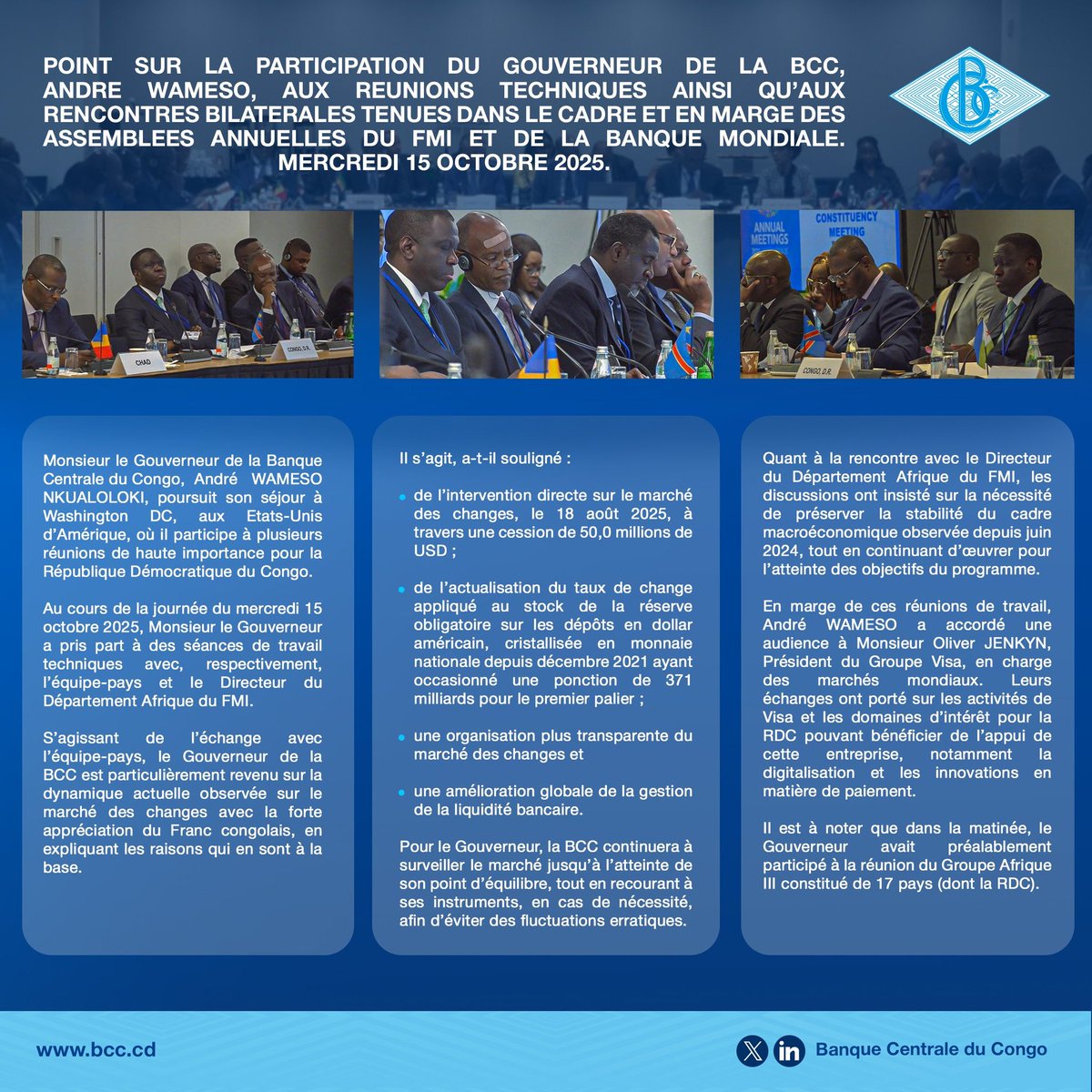 Illico_media's tweet image. 🇨🇩#RDC #BCC #FMI
Point sur la participation du Gouverneur de la @BCC_RDC, André WAMESO, aux réunions techniques ainsi qu'aux rencontres bilatérales tenues dans le cadre et en marge des Assemblées annuelles du FMI et de la Banque mondiale.