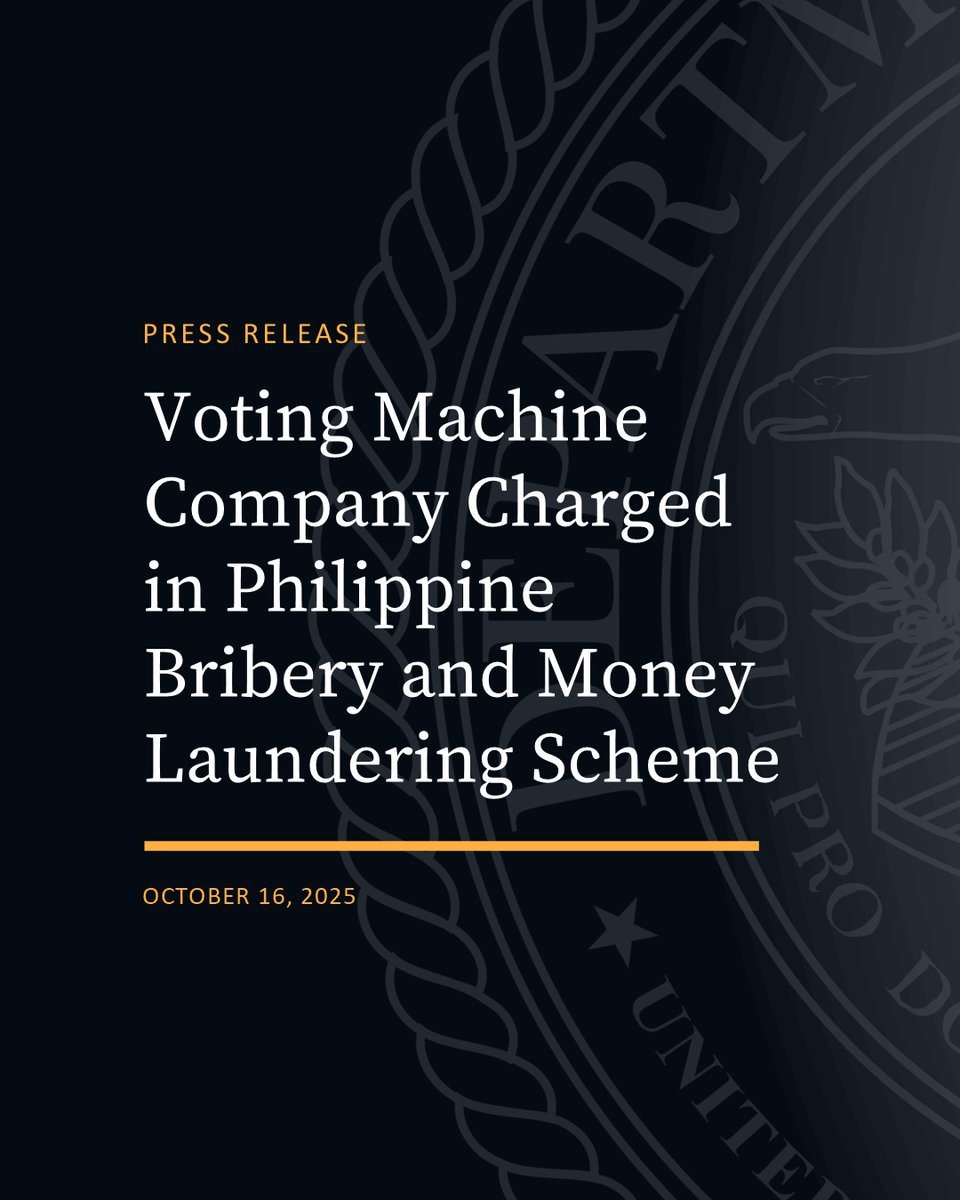 Voting Machine Company Charged in Philippine Bribery and Money Laundering Scheme
🔗justice.gov/usao-sdfl/pr/v…

<a href="/HSI_Miami/">HSI Miami</a> 
<a href="/IRSCI_Miami/">IRS Criminal Investigation Miami Field Office</a>