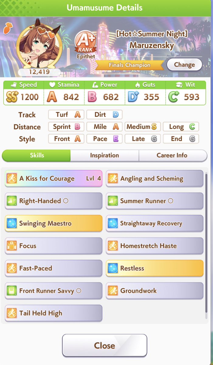 Ready for the next CM😎

- Got charming in junior year

- Acupuncture lady gave me corner &amp; straightaway recovery

- Somehow got all the green skill hint and groundwork from inheritance 

No Redshift or Corner skills tho🥲