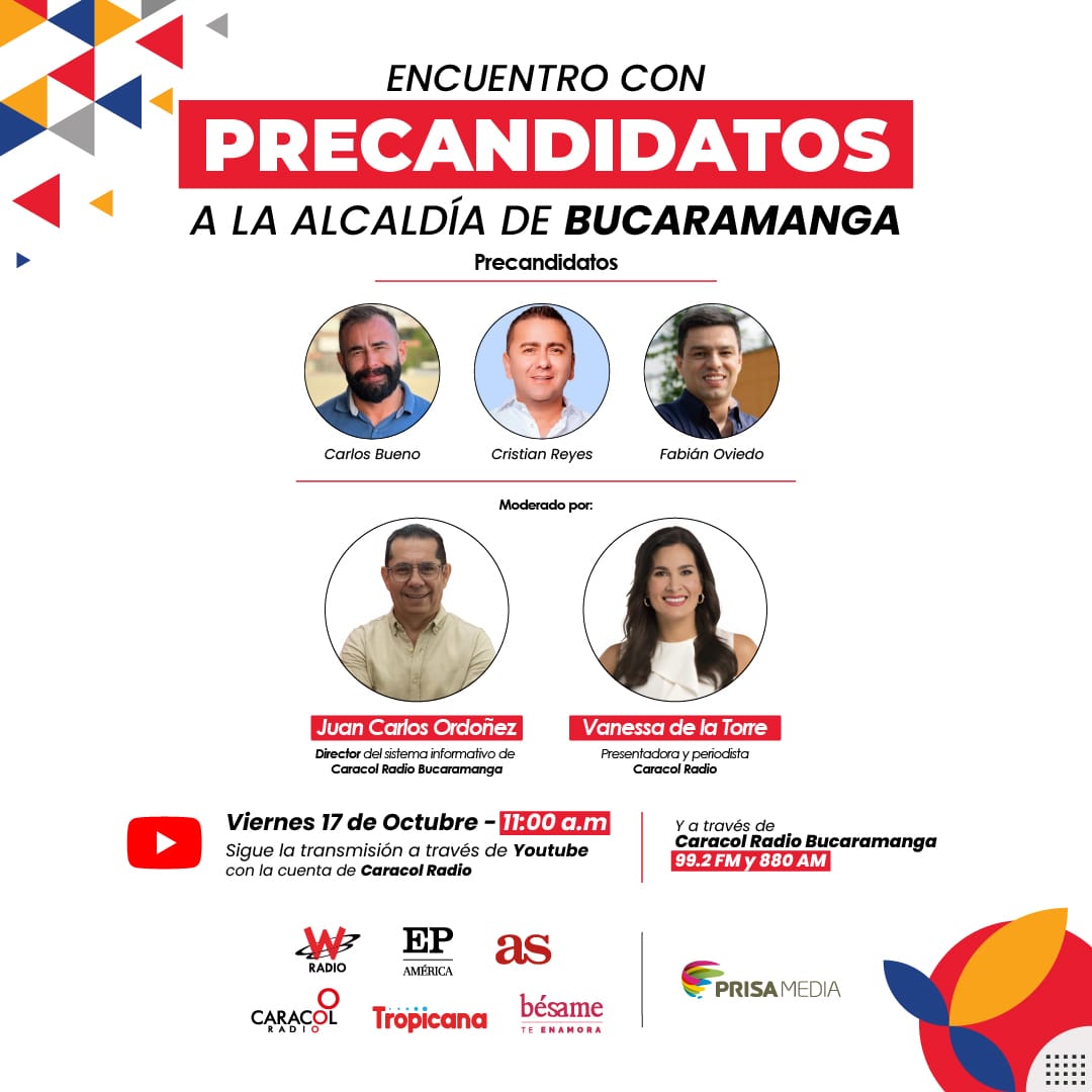 🔴#Ciudades | Este viernes 17 de octubre a las 11:00 a.m. se realiza el primer encuentro con precandidatos a la alcaldía de #Bucaramanga. 

🖱️Siga la transmisión a través de la cuenta de Caracol Radio en YouTube. También puede escucharnos por la 99.2 FM y 880 AM. 📻