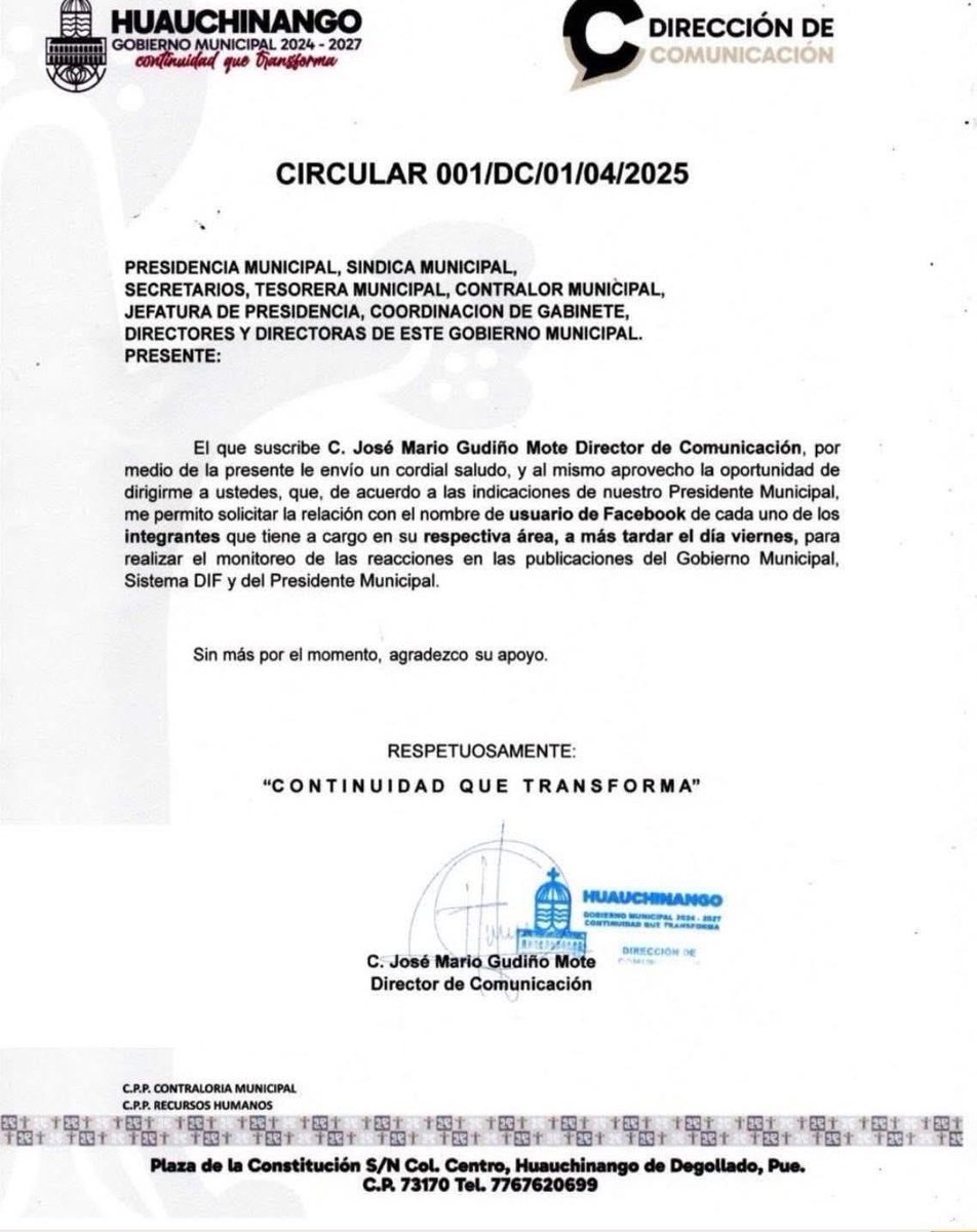 🚨 SUPERVISAN FACEBOOK DE EMPLEADOS EN HUAUCHINANGO

Mientras el municipio poblano enfrenta lluvias y emergencia, el gobierno morenista pidió a sus empleados entregar sus cuentas de Facebook “para monitorear las reacciones a las publicaciones oficiales”.

Control político hasta