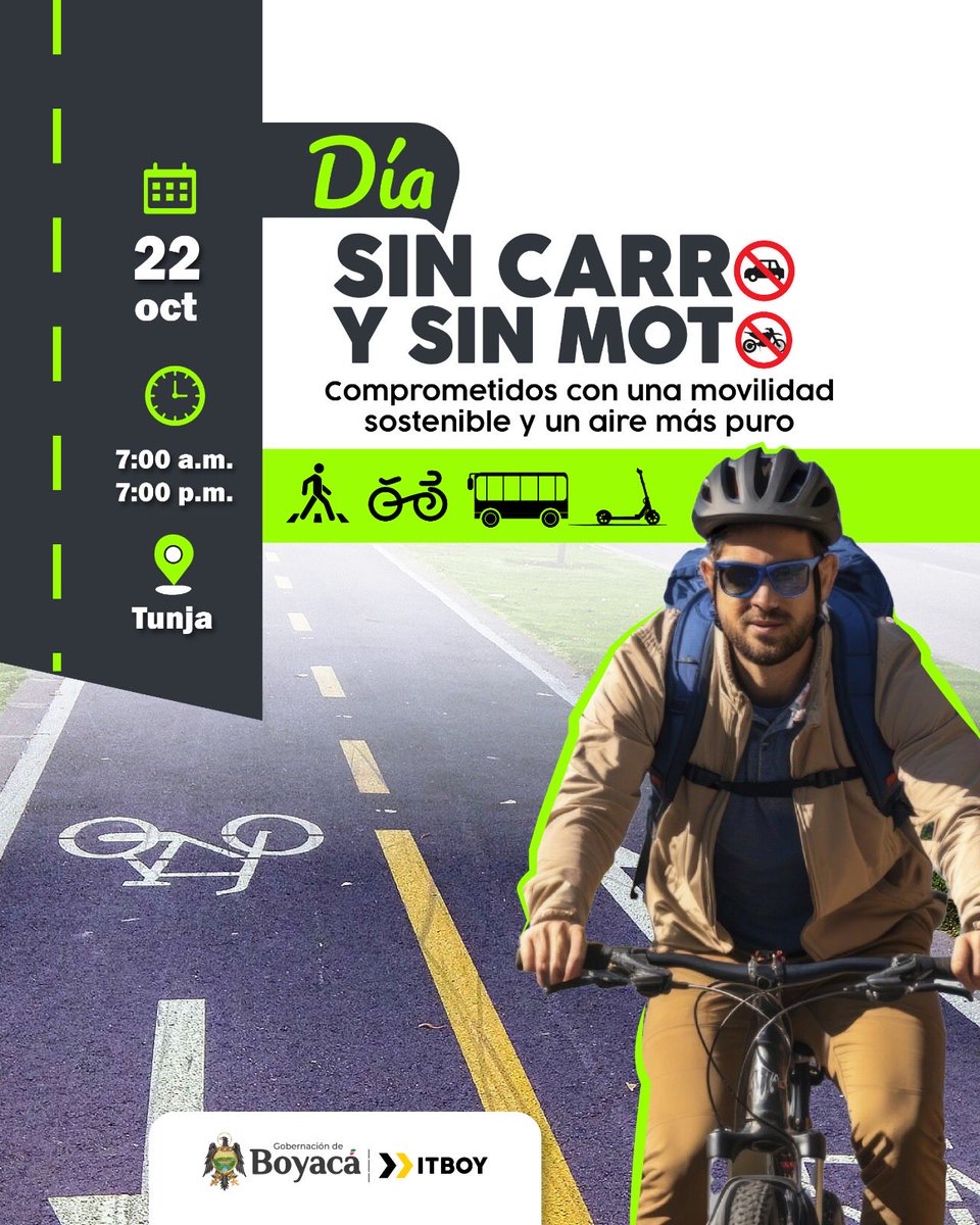 ItboyBoyaca's tweet photo. Este 22 de octubre vivamos el Día sin carro y sin moto de una manera diferente 🚴‍♀️🚶‍♂️.

Aprovechemos la jornada para caminar, usar la bici o compartir el transporte público, dándole un respiro al ambiente y disfrutando de una movilidad más limpia y consciente. https://t.co/dahb7Ha1up