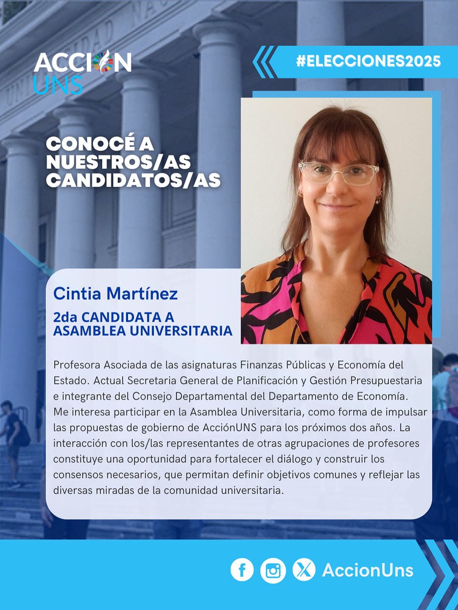 🗳️Elecciones en la UNS

👋🏻Conocé a nuestros/as candidatos/as

👉🏻Hoy te presentamos a Cintia Martínez, candidata para la Asamblea Universitaria 

📢Esta es tu voz. Esta es tu lista.Votá Acción UNS.

#accionuns #tuvozcuenta #eleccionesenlauns