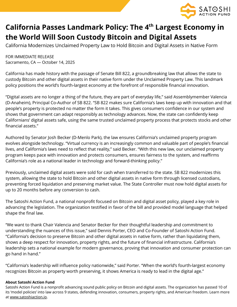 HUGE BREAKING: California passes law to enable the State to custody Bitcoin  and digital assets - The 4th largest economy in the world will soon be  holding Bitcoin. This is incredibly bullish.