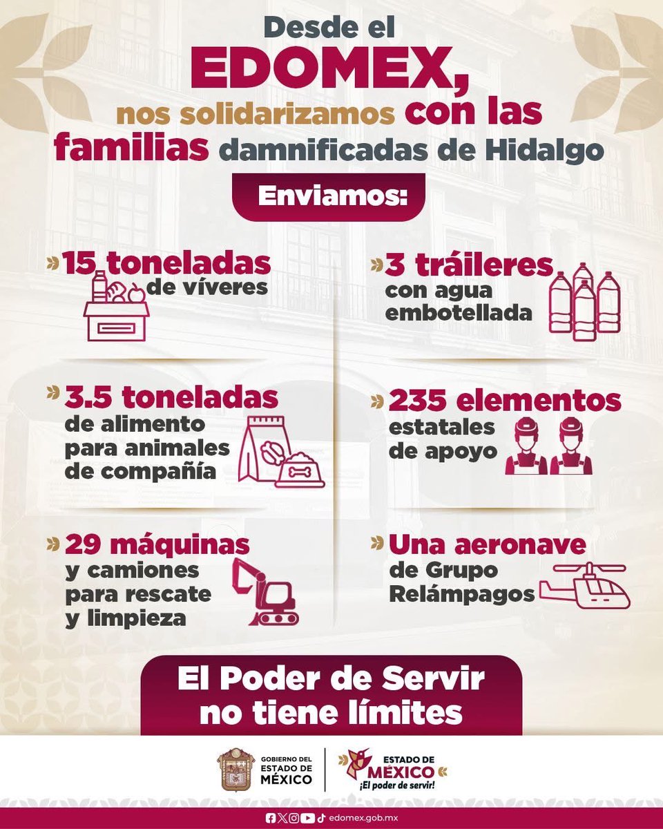La solidaridad mexiquense se pone en marcha. 🤝

La Gobernadora <a href="/delfinagomeza/">Delfina Gómez A.</a> dio el banderazo de salida a los apoyos reunidos en los Centros de #AcopioEdoMex, destinados a las familias damnificadas en Hidalgo. 🚛

<a href="/Edomex/">Gobierno del Estado de México</a> 
#ElPoderDeAyudar 
#ElPoderDeServir