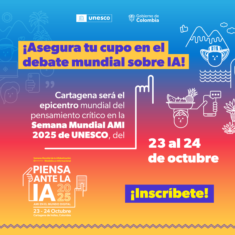 Ministerio_TIC's tweet photo. Cartagena será el centro del pensamiento crítico mundial. Del 22 al 24 de octubre, la Semana Mundial AMI 2025 de la UNESCO llega al Hotel Hilton Cartagena para debatir cómo la inteligencia artificial está transformando la educación, los medios y la democracia.