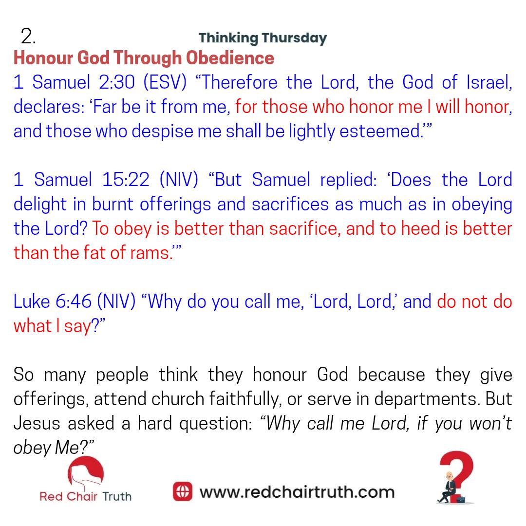 redchairtruth1's tweet photo. When we talk about honouring God, what comes to mind?
Is it giving large offerings, dancing passionately in Church, or something deeper that touches every part of our lives?

Put on your thinking cap on today's Thinking Thursday! https://t.co/ggB2CFmX5x