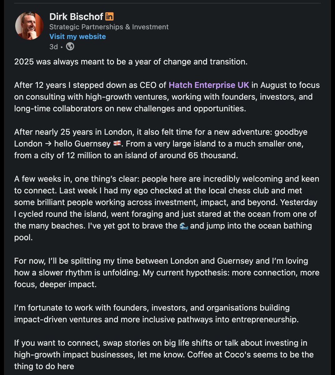 Founder and CEO of a United Kingdom London-based part-venture capital part-charitable organisation relocates to Guernsey in the Channel Islands.