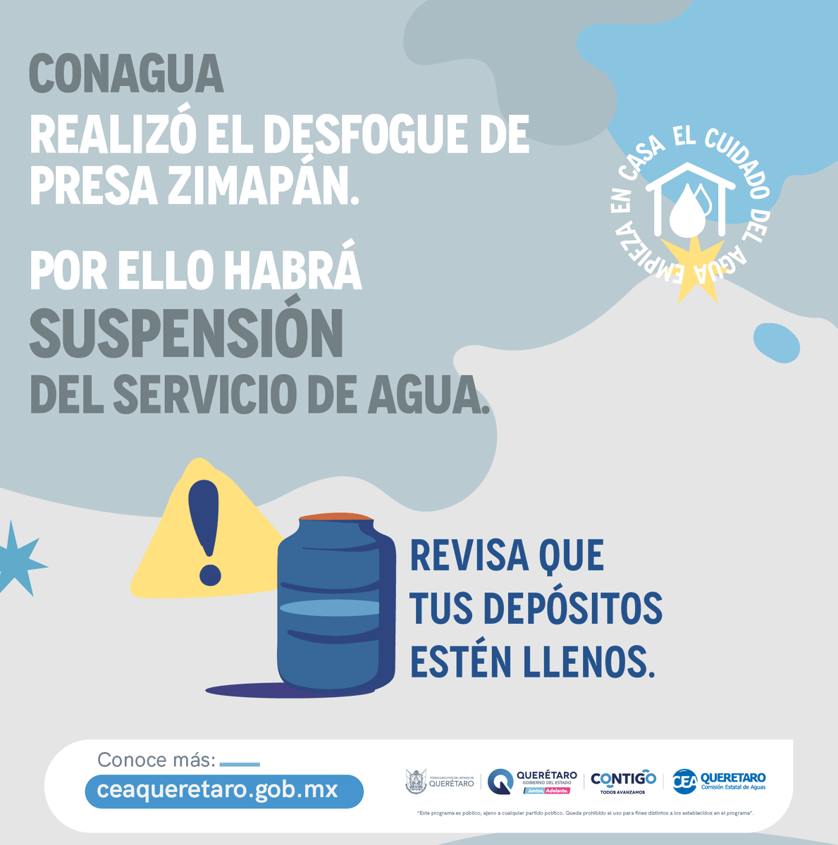 CONAGUA realizó un desfogue de la presa Zimapán, lo que obligó a suspender la operación del sistema Acueducto II, por lo que se presentará suspensión del servicio de agua en algunas colonias de #Querétaro. 💧

Te pedimos tomar previsiones, ¡contamos #contigo! 🚱✅