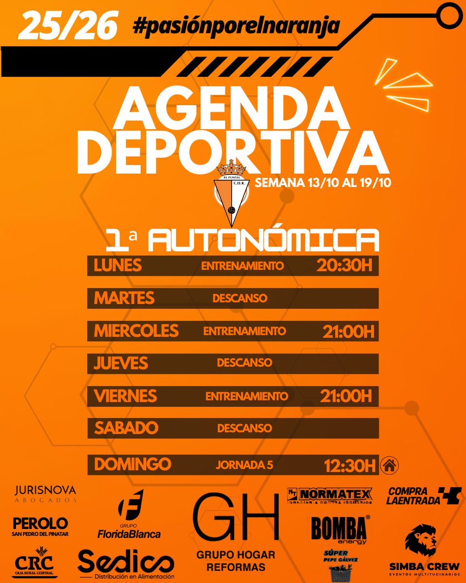 📅 Semana de trabajo para nuestro 1ª Autonómica 💪🧡
Tres sesiones clave para seguir creciendo y llegar listos a la jornada 5 del domingo (12:30h en casa).

🔥 Actitud, compromiso y pasión por el naranja.
#CDKElPuntal #PasiónPorElNaranja #1aAutonómica #OrgulloDelFuturo