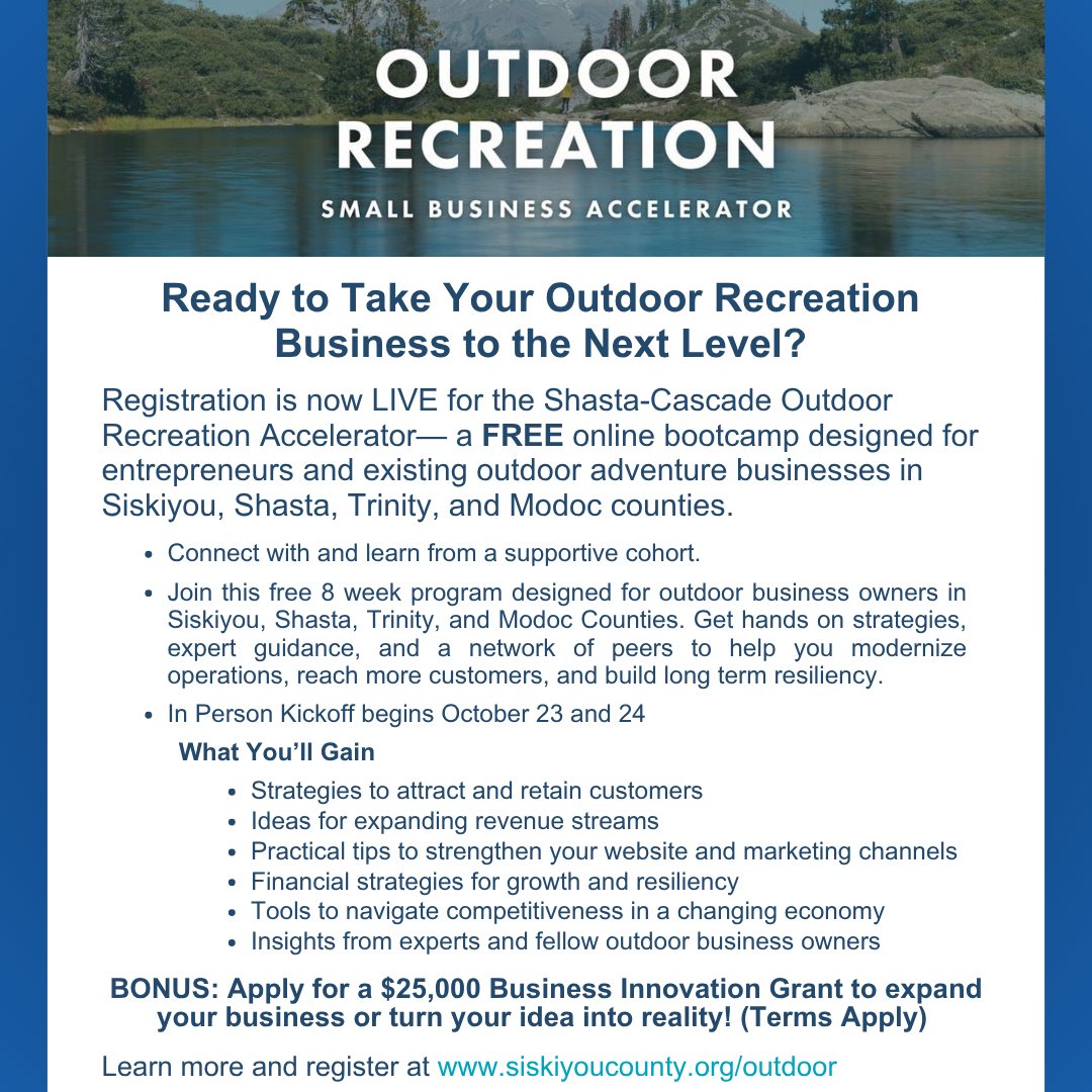 CaliforniaOSBA's tweet image. 🏞️ Outdoor business in NorCal?
The Shasta-Cascade Outdoor Rec Accelerator is LIVE!

✅ Free 8-week bootcamp
✅ $25K Grant opp
✅ In-person kickoff Oct 23–24

For Siskiyou, Shasta, Trinity &amp;amp; Modoc counties!
Register 👉 siskiyoucounty.org/outdoor

@SiskiyouEDC
#CalOSBA #OutdoorRec