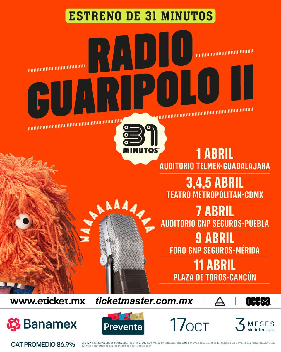 🎙️ 31 minutos llega con Radio Guaripolo II a todas estas ciudades👇🏼💥

🎫Preventa Banamex 17 de octubre 11 AM
🎫Venta General 18 de octubre 11 AM

#tickethamster #31minutos #viral
