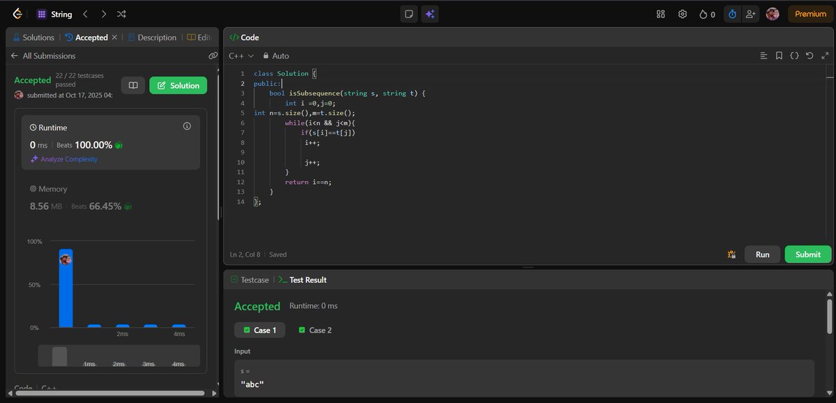 shivam21102005's tweet image. 💻 Day 70 of #100DaysOfCode
Solved a simple yet fundamental string question — “Is Subsequence” 🧩
Practiced the two-pointer technique, focusing on logic flow and clean implementation.

#100DaysOfCode #LeetCode #CPlusPlus #DSA #ProblemSolving #CodingJourney #KeepLearning