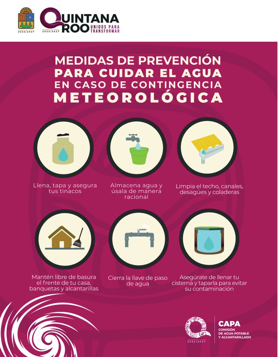 Medidas de   prevención
Para cuidar   el agua
En caso de   contingencia
meteorológica
#GobiernoDelEstadoQR   #QuintanaRoo