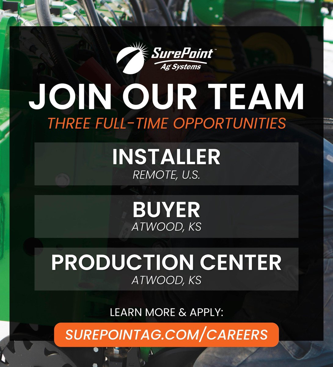 SurePointAg's tweet image. SurePoint Ag has three full-time opportunities now open:
- Installer (Remote - U.S.)
- Buyer (Atwood, KS)
- Production Center (Atwood, KS)
Learn more about each position and apply today at surepointag.com/careers.
#WeAreHiring #WorkWithUs #AgCareers #WorkInAg