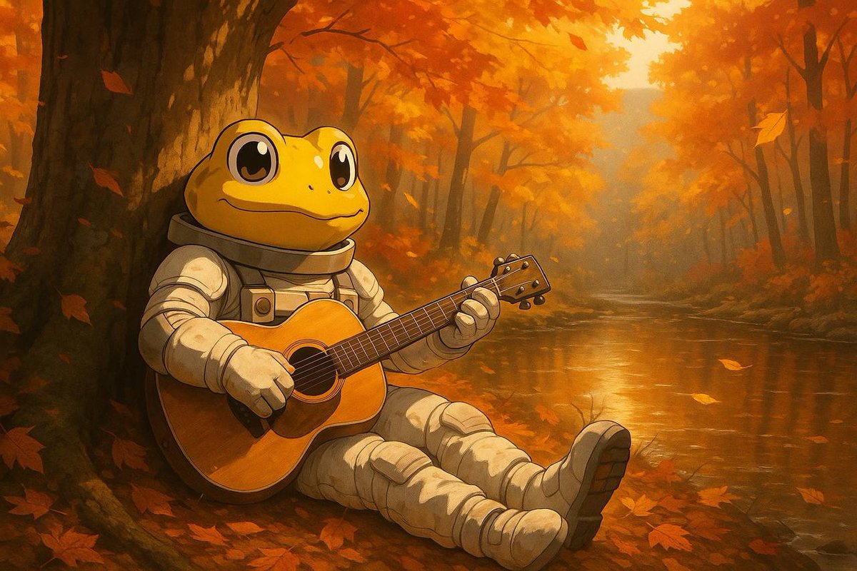 TurboToadToken's tweet image. $TURBO is enjoying a moment of autumn peace ๐ถ What songs do you think he's playing by the river? ๐