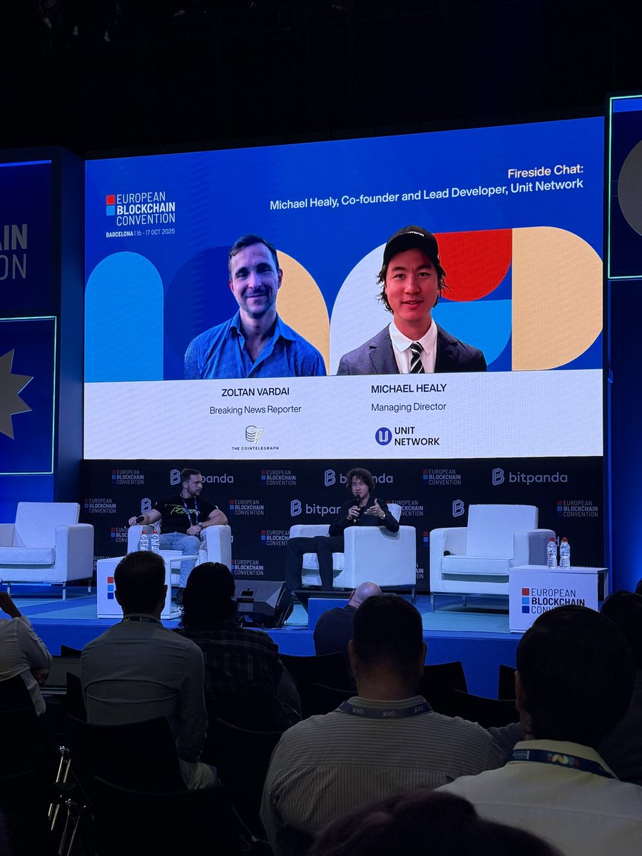👀 Sneak peek from <a href="/DeFiMatrixOS/">DeFiMatrix</a> — live at the 11th Edition of the European Blockchain Convention (EBC) in Barcelona! 🇪🇸

🎤 Live now: <a href="/michaelhealyco/">Michael Healy | michael.unit</a> of <a href="/theunitnetwork/">Unit Network</a> joins <a href="/ZVardai/">Zoltan Vardai</a> from <a href="/Cointelegraph/">Cointelegraph</a> on stage at #EBC2025

🔥 A powerful discussion on token economies,