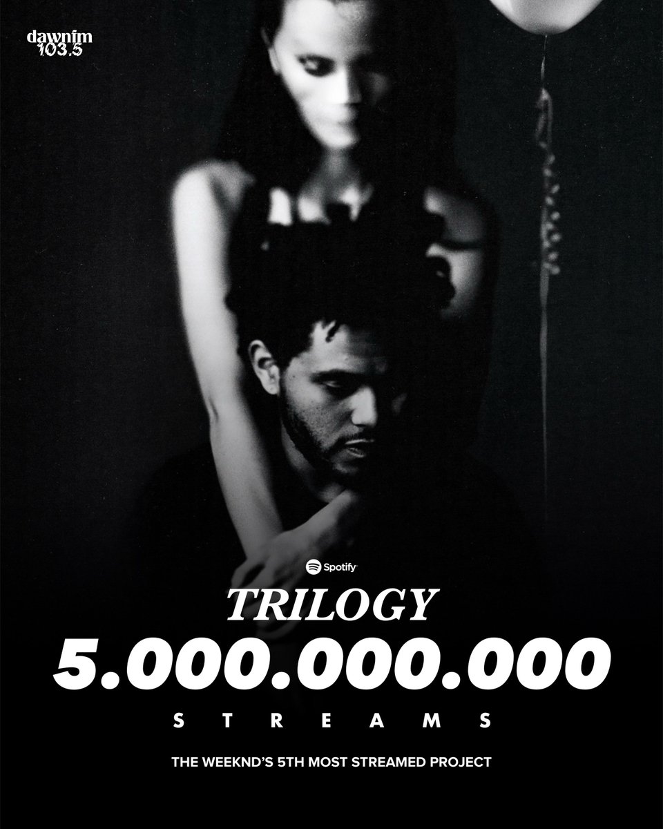 dawnfm103_5's tweet photo. The Weeknd’s “Trilogy” has reached 5 BILLION streams on Spotify!

It’s his 5th most streamed project. https://t.co/7zM32iaqg7