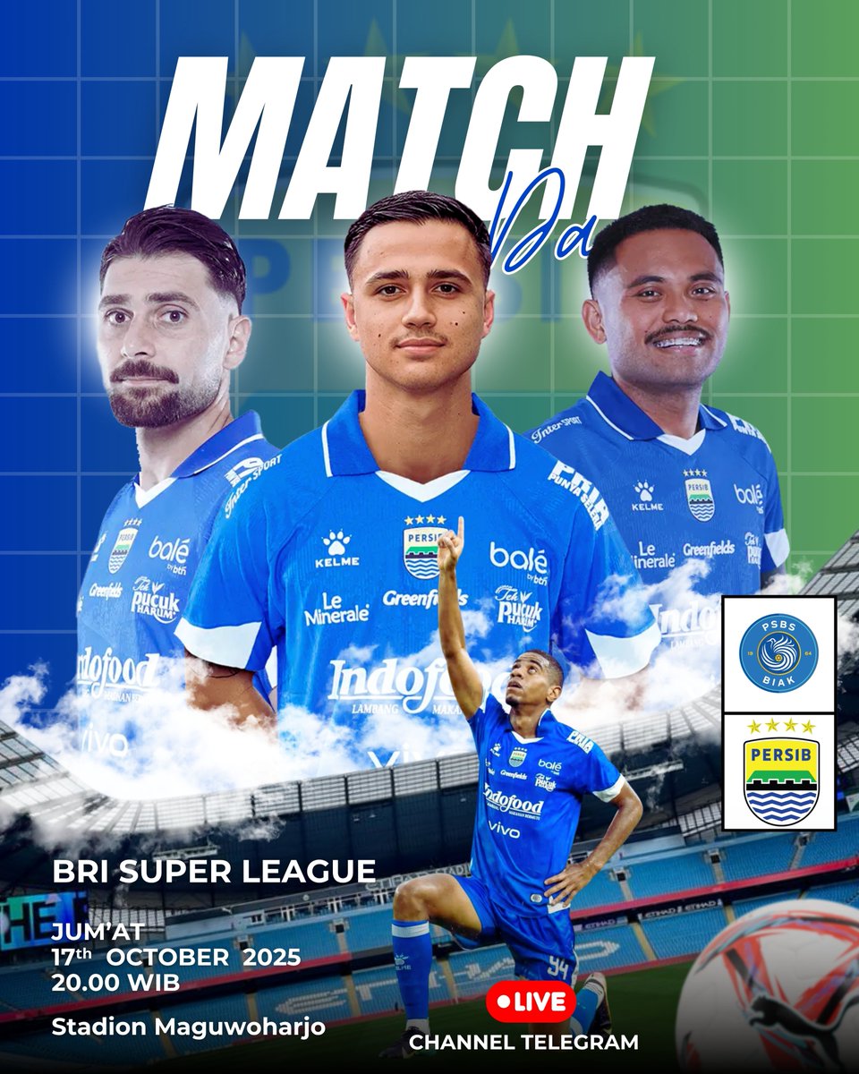 🔥 MATCHDAY 🔥
BRI Super League kembali hadir!
Malam ini, PERSIB siap bertarung menghadapi PSBS Biak 💪💙
📅 Jumat, 17 Oktober 2025
🕗 Kick Off: 20.00 WIB
🏟️ Stadion Maguwoharjo
🎥 LIVE di Channel Telegram
link : t.me/livestreamingb…

#PersibDay #BRISuperLeague #PERSIBvsPSBS
