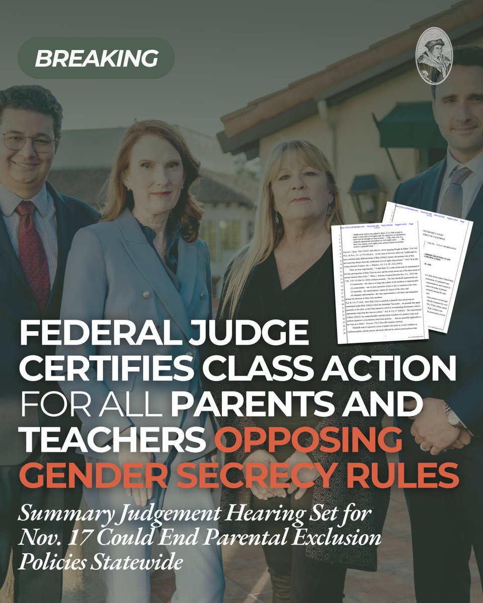 🎊 In a major victory for parental rights and religious liberty, U.S. District Judge Roger Benitez has certified a class action lawsuit representing all California parents and teachers affected by school district policies that conceal children’s gender transitions from their