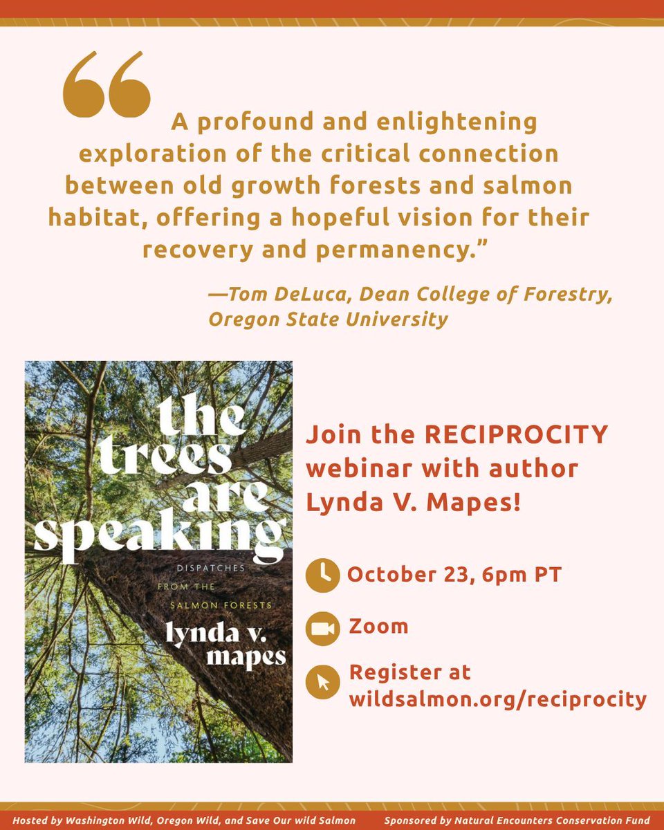 🐟The RECIPROCITY webinar with award-winning journalist and author, Lynda V. Mapes is 1 week away! 🌲 Join the conversation with Mapes to rethink our relationship with forests. We hope you’ll join us!

📅October 23rd at 6pm PT
🔗Register today: us06web.zoom.us/webinar/regist…