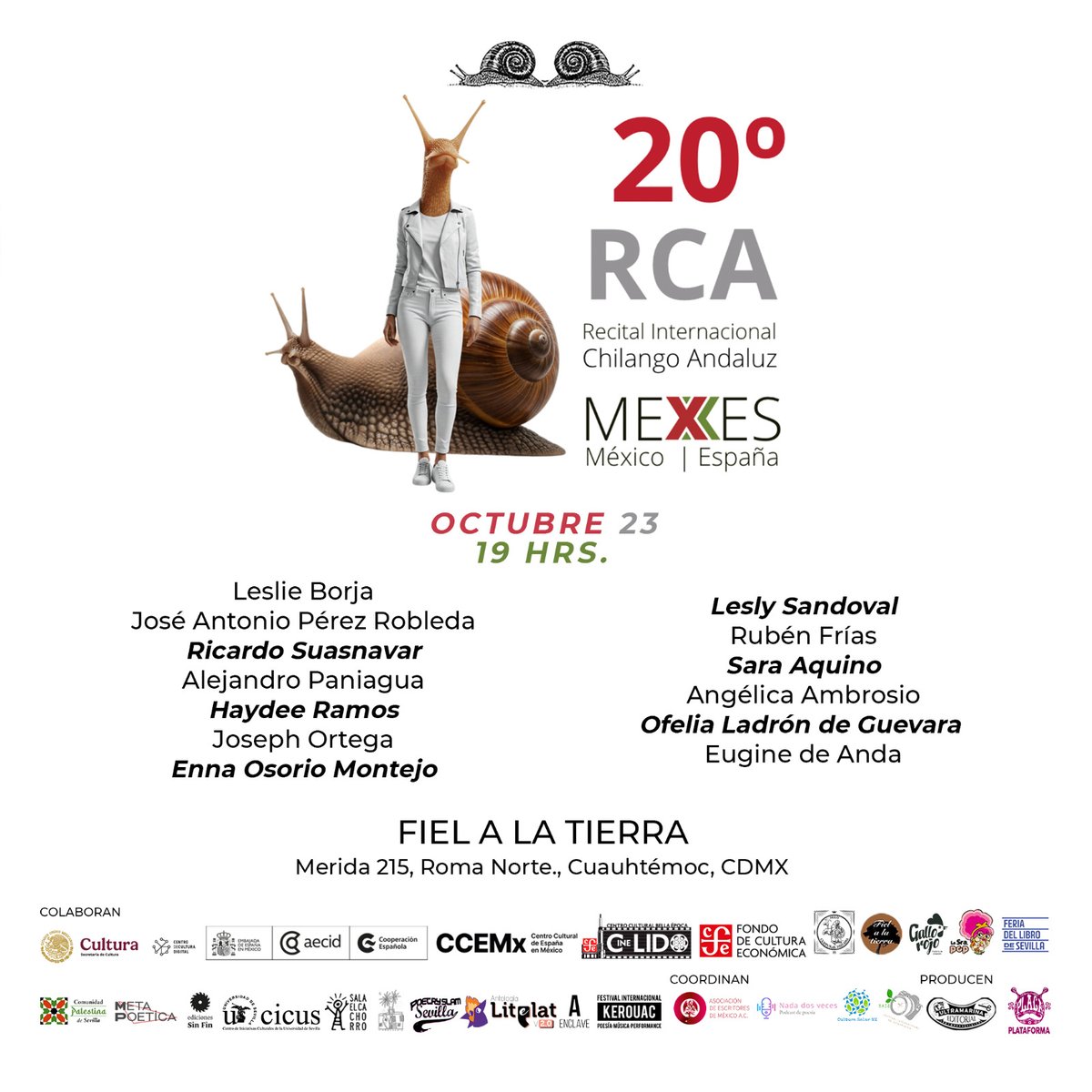 📢 20º Recital Chilango-Andaluz · MEX·ES

📅 21 oct – 1 nov 2025
📍 CDMX &amp; Sevilla
🐌 20 años de poesía expandida, videopoesía y comunidad.
🔗 plataformaplaca.com/programa-gener…

🎥 Conexión en directo entre México y España.
#RCA2025 #MEXES #PlataformaPLACA #Ultramarina #PoesíaExpandida