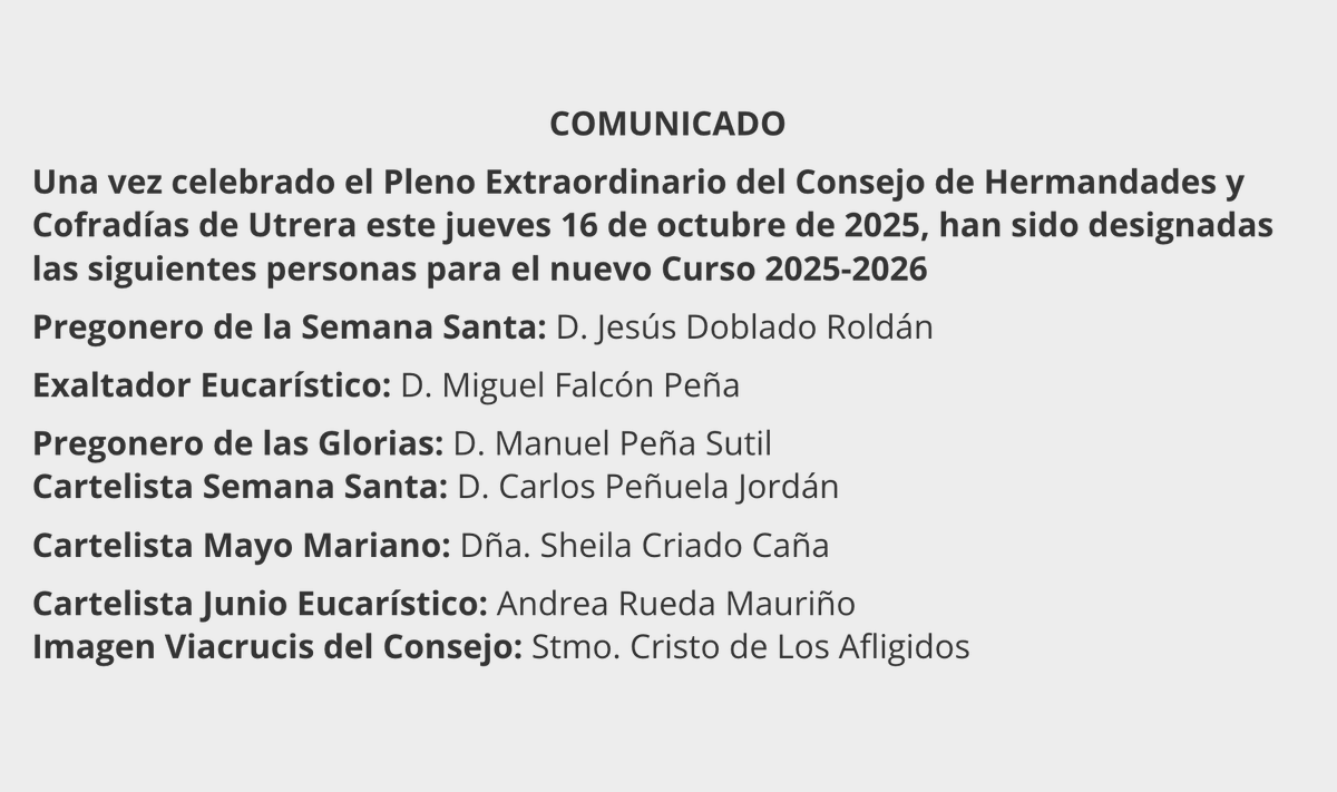 ConsejoHCUtrera's tweet photo. COMUNICADO CONSEJO DE HERMANDADES Y COFRADÍAS DE UTRERA https://t.co/zHkQ7Q0Y6L