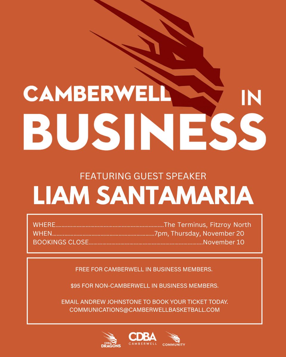 The final Camberwell In Business networking event of the year, featuring National Basketball League executive and prominent Australian basketball commentator Liam Santamaria, is not far away. Be part of something special. For more, visit camberwellbasketball.com/were-in-busine…