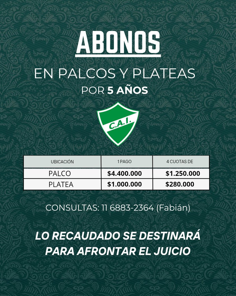Abonos para palcos y plateas por 5 años

Todo lo recaudado será destinado para afrontar el juicio 🫂