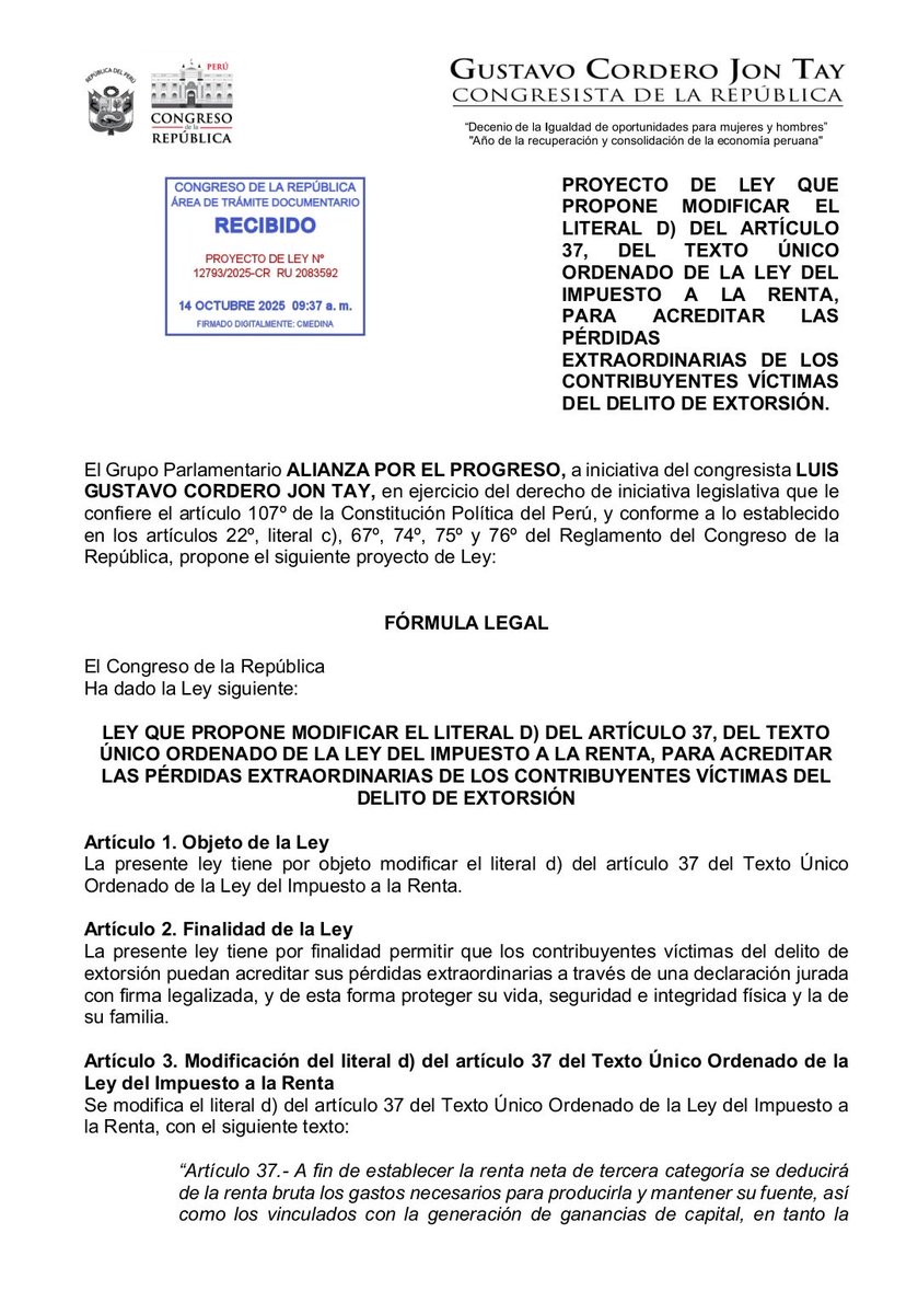 JoseValdezSV's tweet photo. INCREÍBLE.

Diputado del Perú propone que el pago de la EXTORSIÓN se pueda descontar del pago de la renta.

Está proponiendo institucionalizar el fracaso del Estado frente al crimen. https://t.co/yMVEl23usx