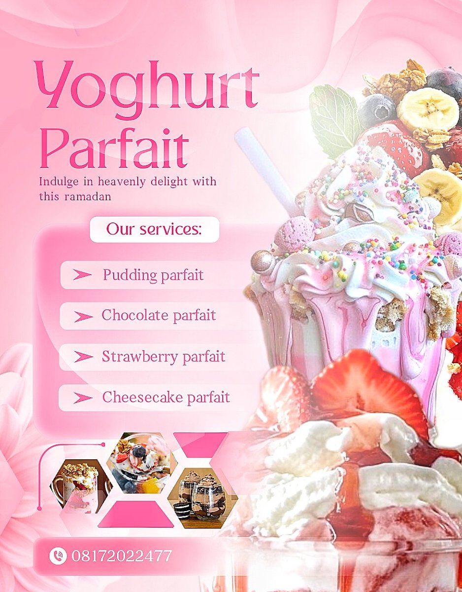 prudygraphics's tweet image. One design i worked on, but because of time was not able to post it here on X

Yoghurt parfait
Indulge in heavenly delight with this ramadan

Inspired by @joshuagraaphics
#design #designwithpurpose #Flyers #socialmediamarketing 
@Buka_graphics @Drmcrft_studio @