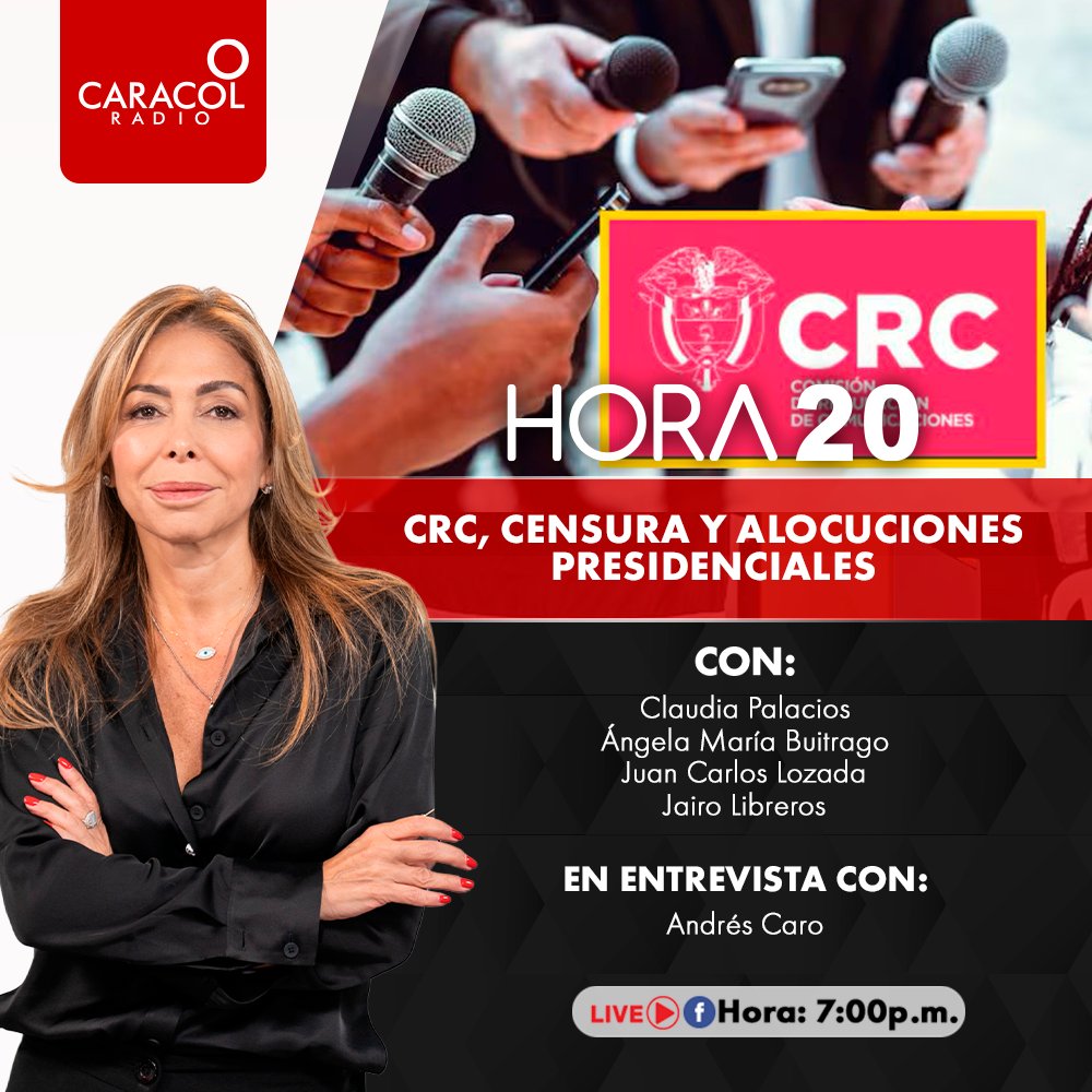 #Hora20 | Escucha esta noche:

CRC, censura y alocuciones presidenciales.

Con: <a href="/claudiapalacios/">Claudia Palacios</a>, <a href="/JuanKarloslos/">Juan Carlos Losada</a>, <a href="/JairoLibreros/">Jairo Libreros</a> y Ángela María Buitrago

En entrevista con <a href="/andrescarob/">Andrés Caro</a>

Dirige y conduce: <a href="/DianaCalderonF/">Diana Calderón</a>

▶️ Síguenos en wdCkVw.short.gy/O16 desde las 7:00 p.m.