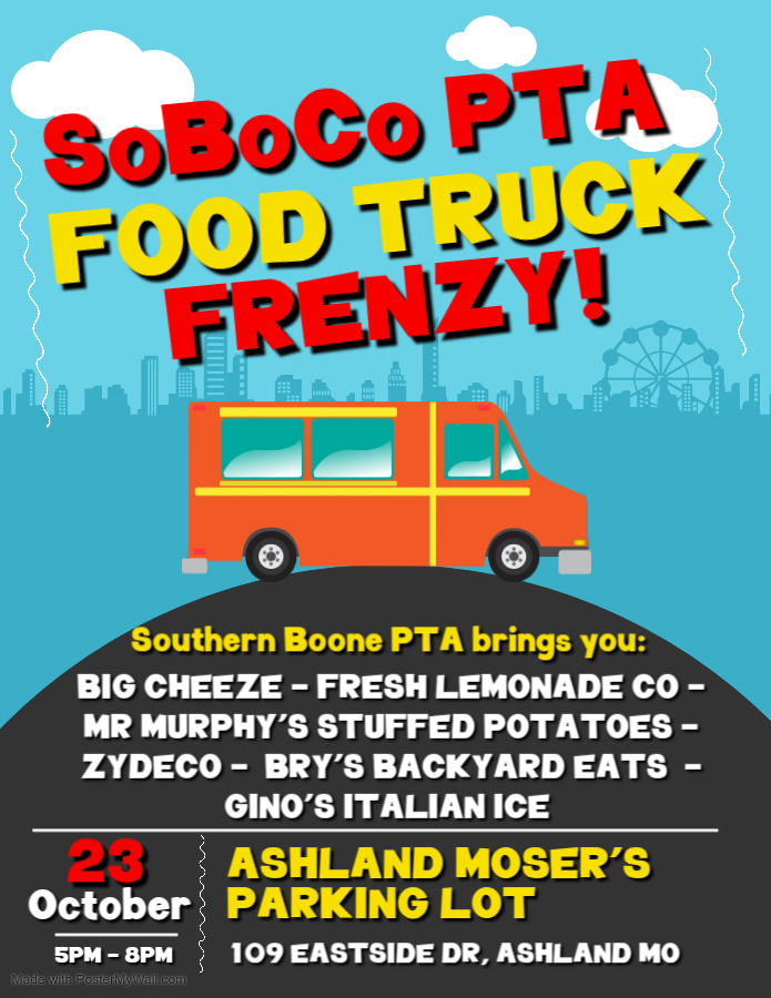 🚚 SAVE THE DATE! 🎉The Southern Boone PTA Food Truck Frenzy is back! Join them on Wednesday, October 23, from 5–8PM in the Ashland Moser’s Parking Lot.