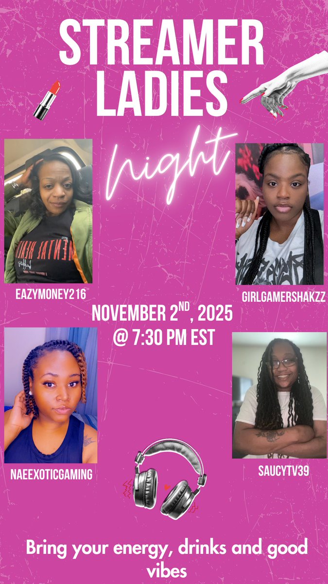 Come join us for our 1st annual Streamer Ladies Night on Twitch November 2nd! You don’t have to be a streamer to catch the vibes. But do you stream? Lets link! Bring your energy, good vibes, Pink Pjs &amp; don’t forget the drinks 😏 ITS A VIBE! 

Sign up here:
docs.google.com/forms/d/e/1FAI…