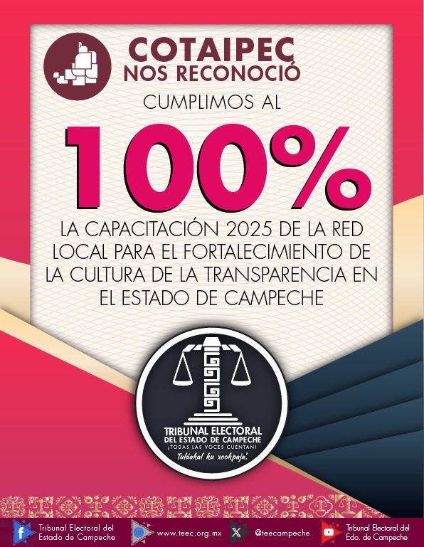 teecampeche's tweet photo. Agradecemos a la @Cotaipec por otorgar el reconocimiento al Tribunal Electoral del Estado de Campeche, por cumplir al 100% en la Capacitación 2025 de la Red Local para el Fortalecimiento de la Cultura de la Transparencia.

Reafirmamos nuestro compromiso con la transparencia y la rendición de cuentas.