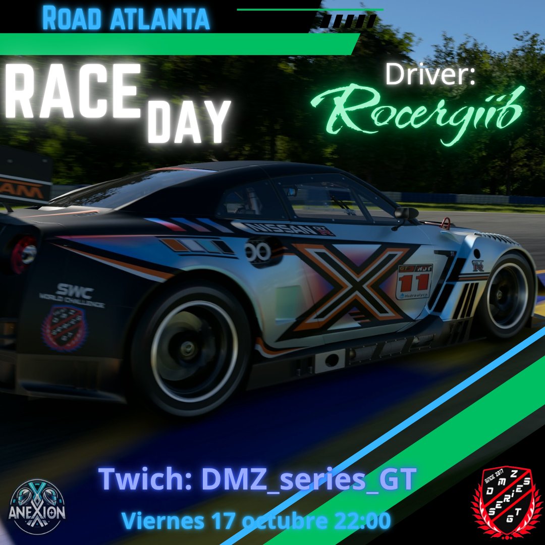 ❌RACE DAY❌

<a href="/DmzSeries/">Campeonatos DMZ Series GT</a>

Esto se empieza a poner serio y los puntos cada vez son más valiosos. Nos vamos al Road Atlanta con <a href="/r0cergiib/">Roger Cervelló Gibert</a> a los mandos del GT-R y la mirada puesta en conseguir un buen resultado.

Vamos al lío compañero!
#yosoyanexion